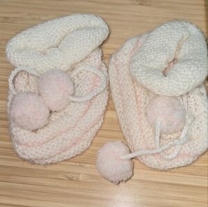 Vintage Pink and White Baby Booties with Pom Poms